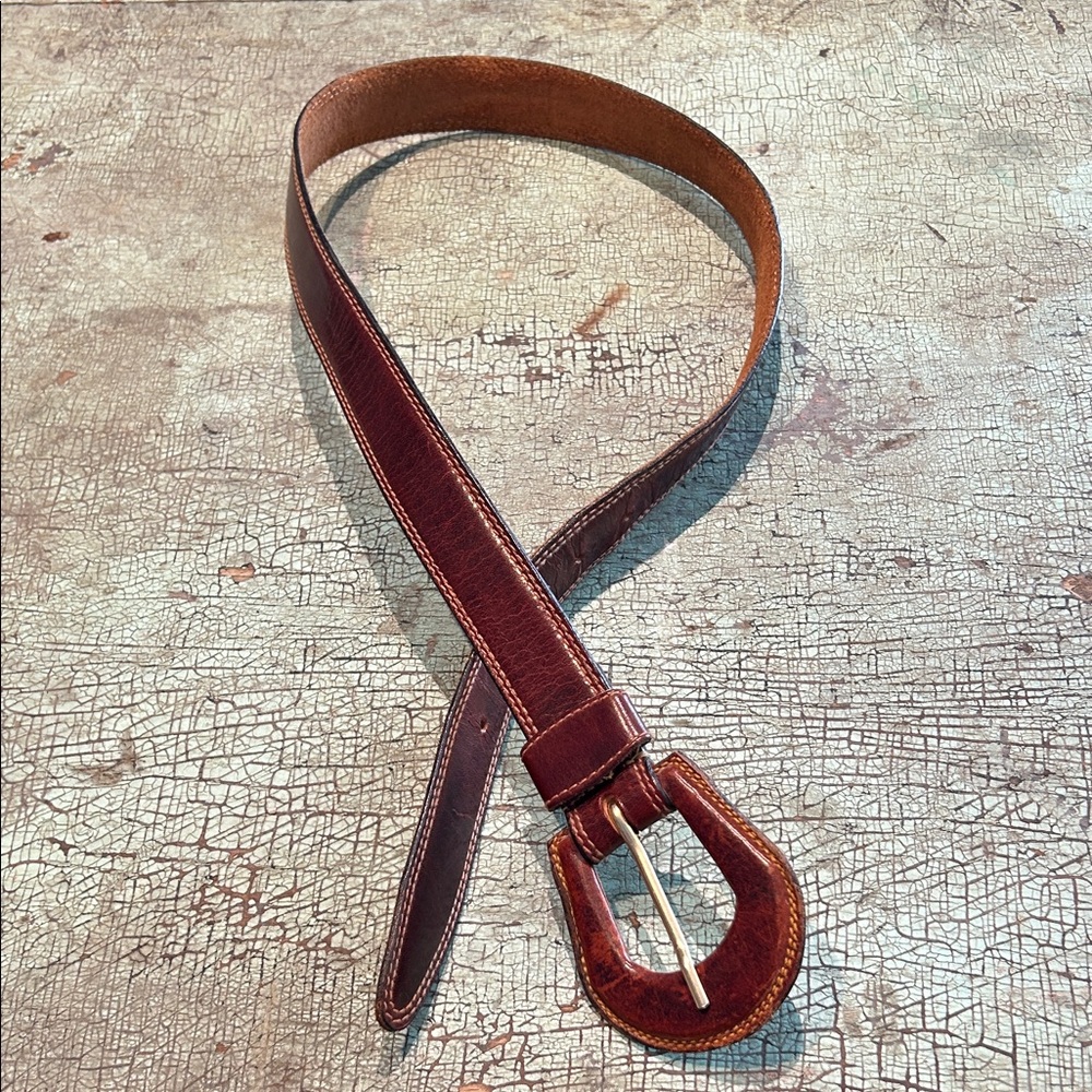 Vintage Brown Leather Belt w/ Leather-Covered Buckle | Genuine Leather M